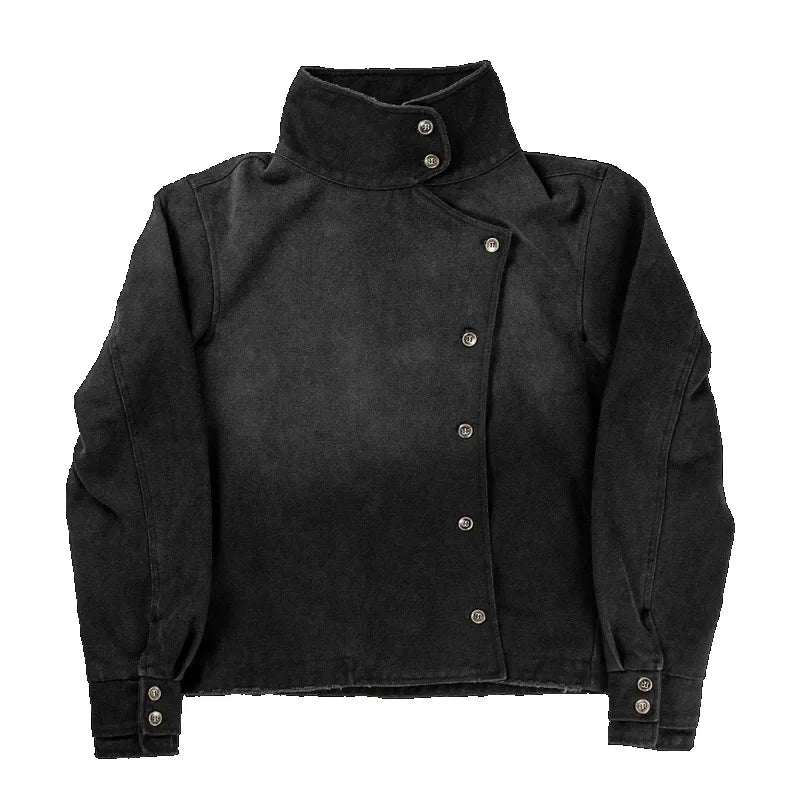Y2K White Fencing Jacket Retro Bakastroll High Neck Loose Casual Denim Jacket Fashionable High Street Men Women Hip Hop Clothing