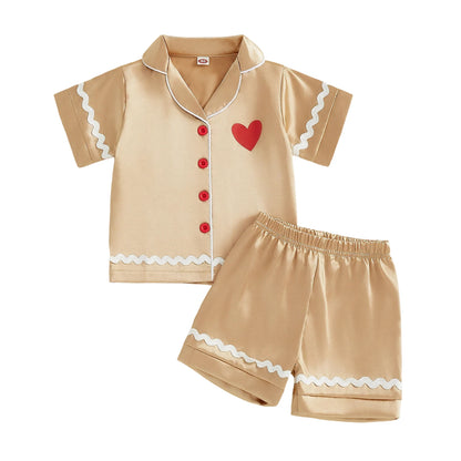 Children s Christmas Satin Pajama Set with Reindeer Print Short Sleeve Lapel Button Down Tops and Shorts 2 Piece Set
