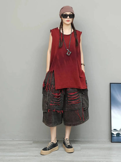 Unique Fashion Denim Jeans Women Distressed Mid-Length Loose Ripped Wide-Leg Cropped Pants LX5800