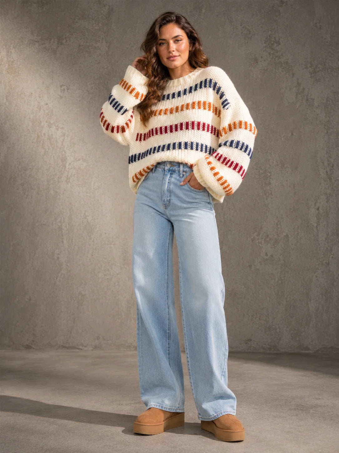 Vibrant Color Block Stripe Chunky Knit Sweater for Women, Oversized Crew Neck Long Balloon Sleeve Loose Pullover Jumper,