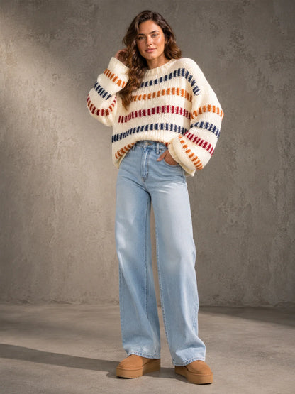 Vibrant Color Block Stripe Chunky Knit Sweater for Women, Oversized Crew Neck Long Balloon Sleeve Loose Pullover Jumper,