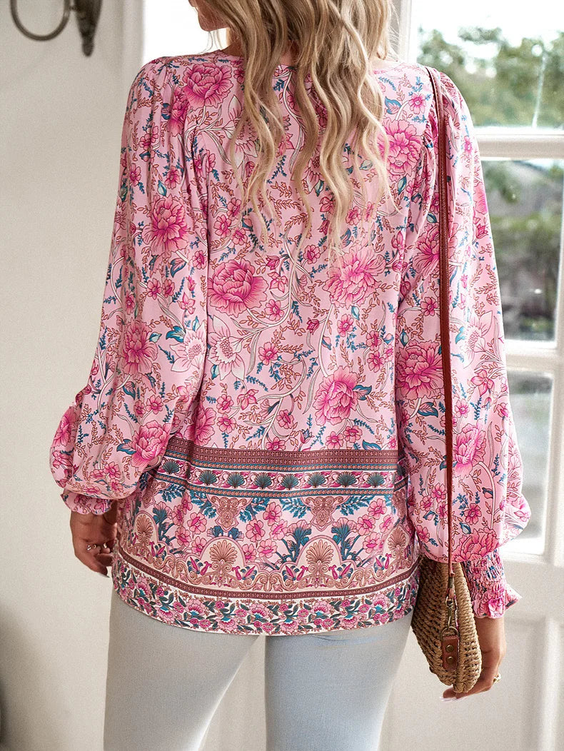 Ladies Bohemian Floral Print Long Sleeve Tops V Neck Tie Front Smocked Cuff Casual Peplum Blouse