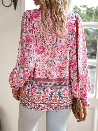 Ladies Bohemian Floral Print Long Sleeve Tops V Neck Tie Front Smocked Cuff Casual Peplum Blouse