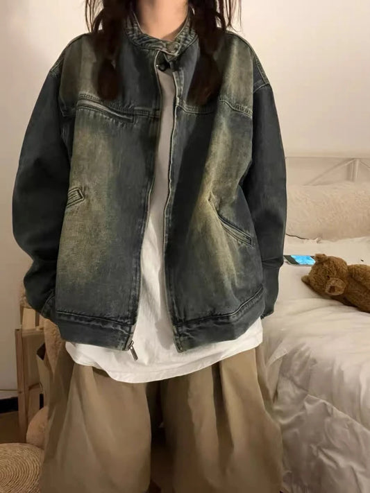 Spring Summer Vintage Washed American High Street Denim Jacket Women's Premium Feel Short Size Early Spring Jacket Ladies Jeans