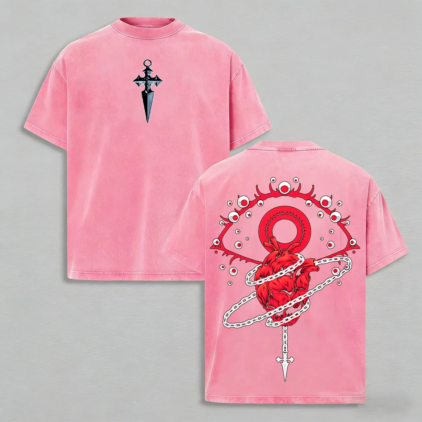 Vintage Acid Washed Distressed T-Shirt Gothic Dagger Cross Small Print Front Blood Eye Anatomical Heart Chain Horror Dark Grunge Graphic