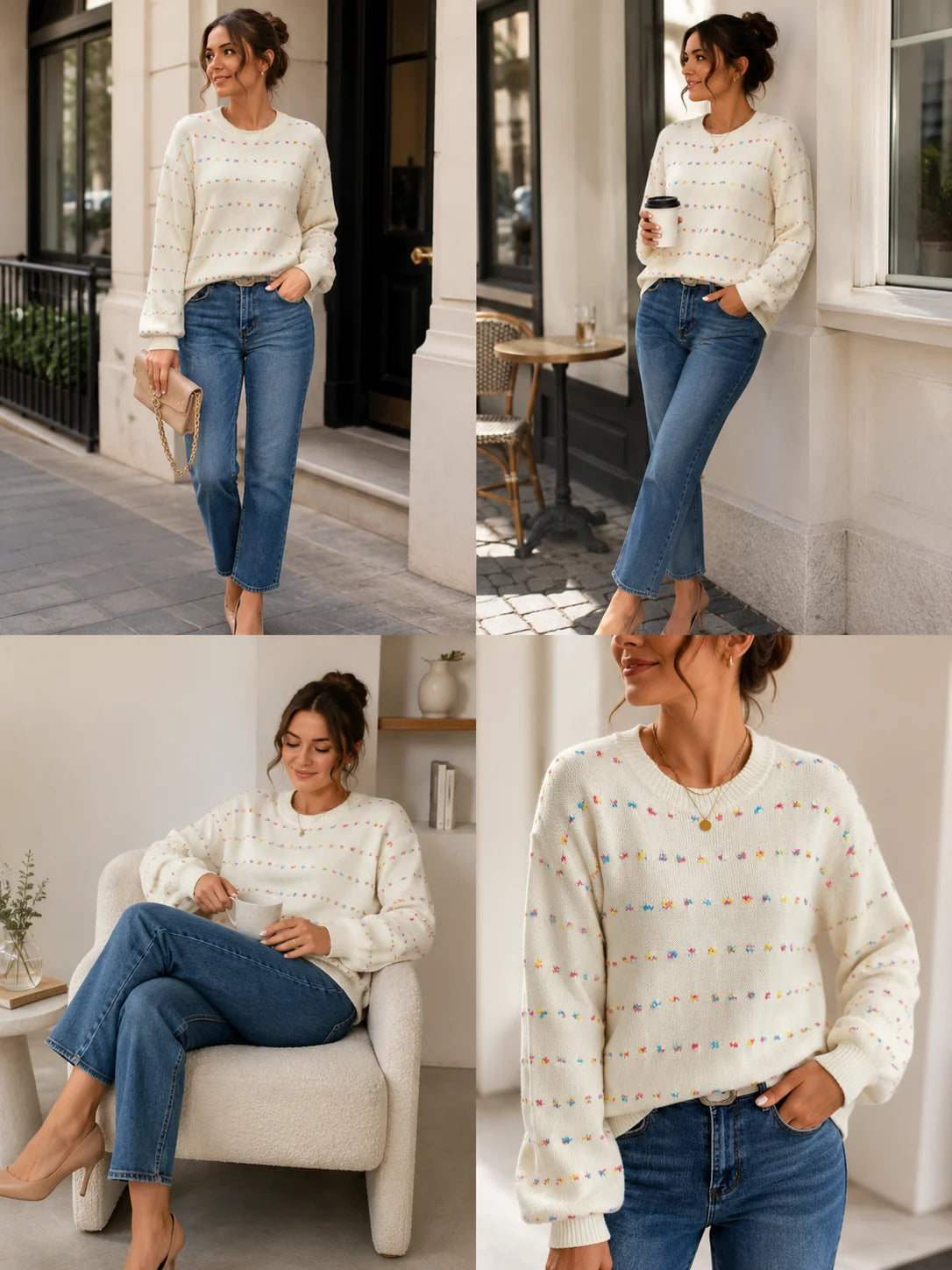 Women Colorful Confetti Dot Knit Sweater, Crew Neck Drop Shoulder Long Balloon Sleeve Loose Casual Pullover Sweater for Fall Winter Daily Streetwear