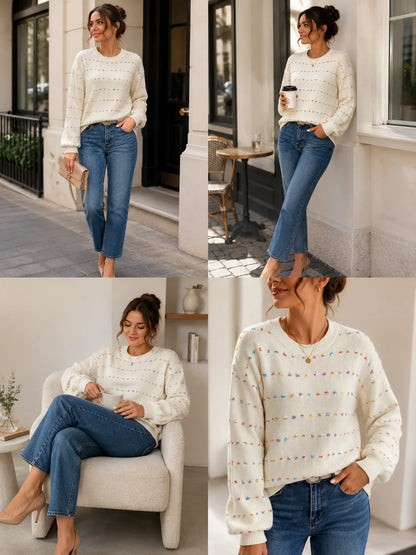 Women Colorful Confetti Dot Knit Sweater, Crew Neck Drop Shoulder Long Balloon Sleeve Loose Casual Pullover Sweater for Fall Winter Daily Streetwear
