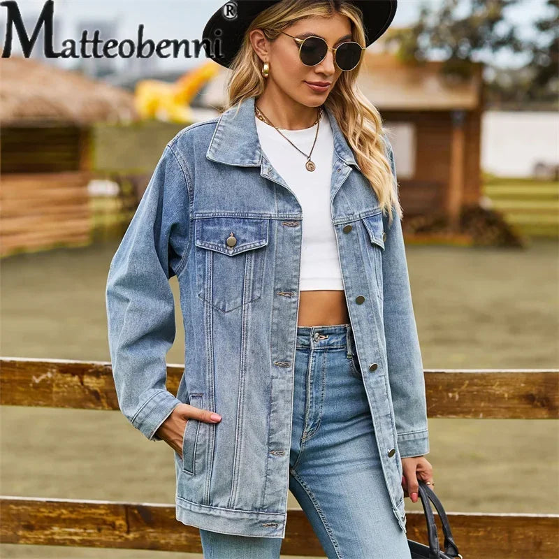 Vintage Denim Jacket Women Autumn Winter Loose Lapel Single-breasted Cardigan Coat Ladies Fashion Casual Commuter Outerwear 2024