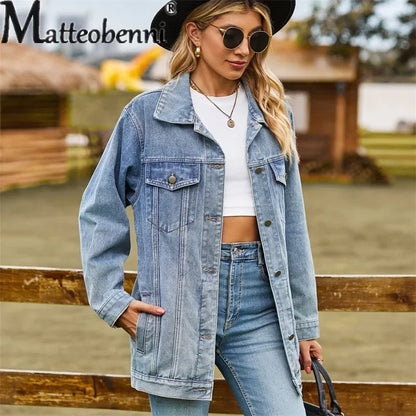 Vintage Denim Jacket Women Autumn Winter Loose Lapel Single-breasted Cardigan Coat Ladies Fashion Casual Commuter Outerwear 2024