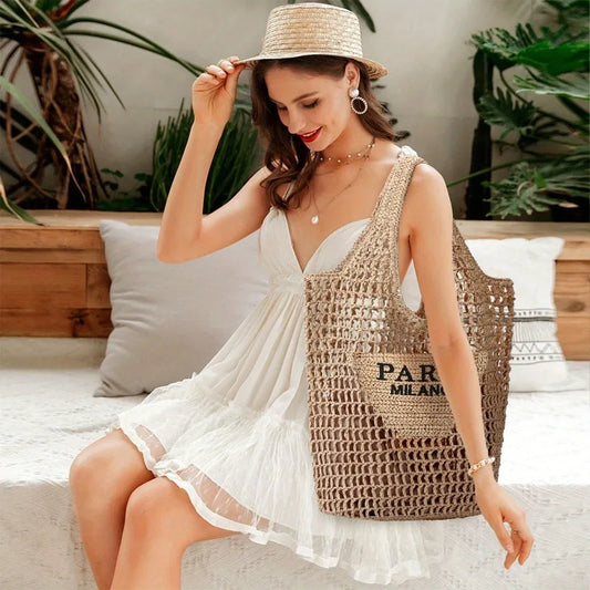 Summer Straw Beach Bag New Woven Bag Straw Mesh Tote Bag Foldable Large Capacity Womens Crossbody Shoulder Bag Purse for Holiday