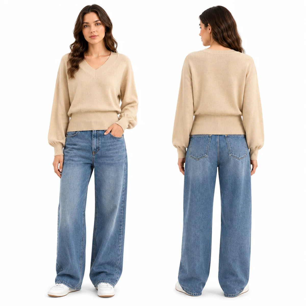 Batwing Sleeve V‑Neck Sweater for Women, Dolman Long Sleeve Ribbed Hem Cropped Knit Pullover, Loose Fit Casual Soft Knitted Jumper for Daily Office Fall Winter