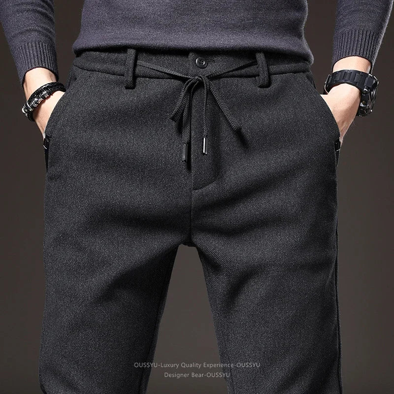 Good Quality Autumn Casual Pants Men Business Slim Elastic Waist Stretch Work Brushed Fabric Blue Trousers Male Brand Clothes
