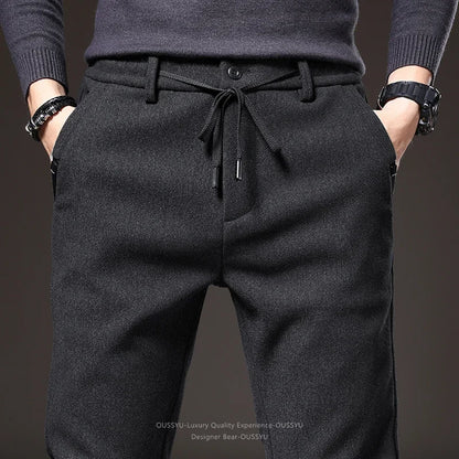 Good Quality Autumn Casual Pants Men Business Slim Elastic Waist Stretch Work Brushed Fabric Blue Trousers Male Brand Clothes