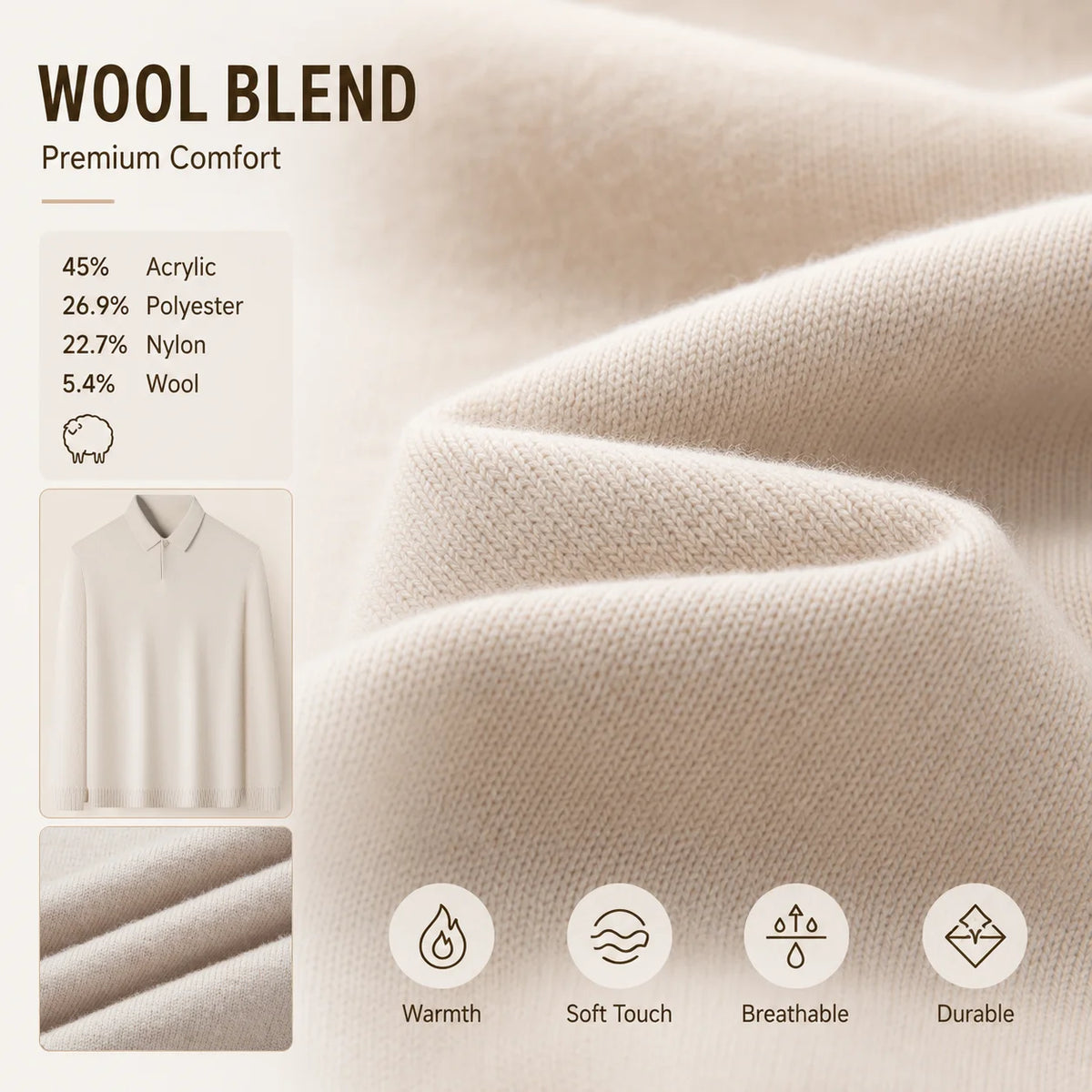 Men's Wool Blend Polo Sweater Heavyweight Warm Knitwear Anti-Pilling Soft Touch Long Sleeve Pullover Autumn Winter