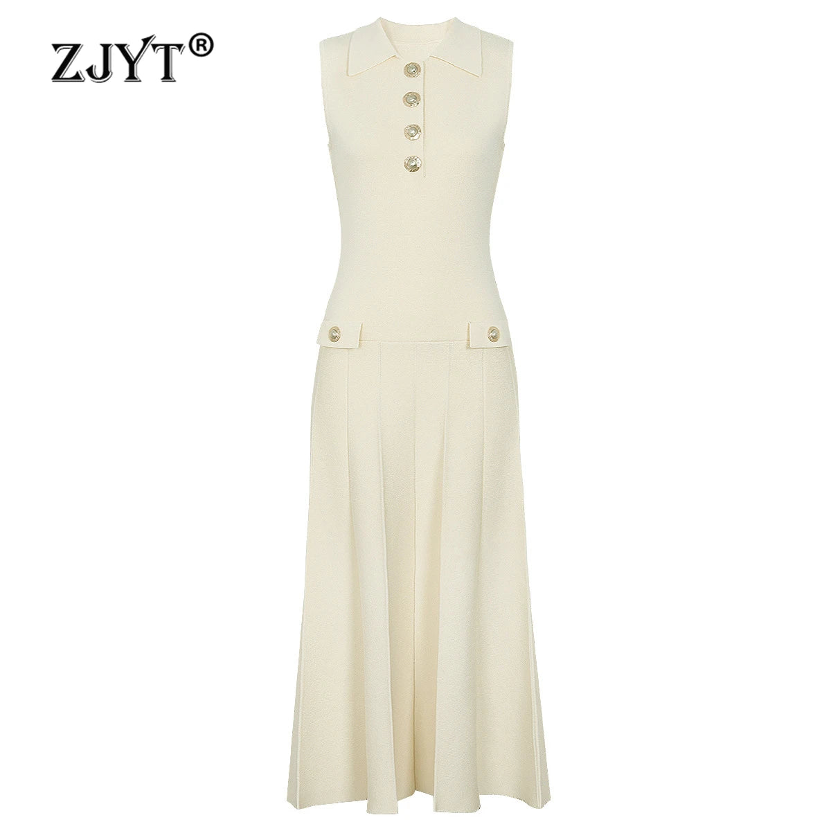 ZJYT Summer New 2026 Fashion Knit Dresses for Women Sleeveless Elegant Turn Down Collar Midi Pleated Casual Party Dress Beige