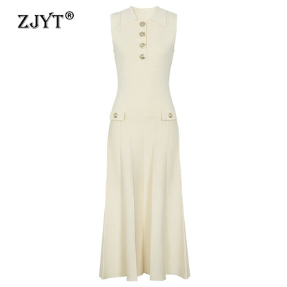 ZJYT Summer New 2026 Fashion Knit Dresses for Women Sleeveless Elegant Turn Down Collar Midi Pleated Casual Party Dress Beige