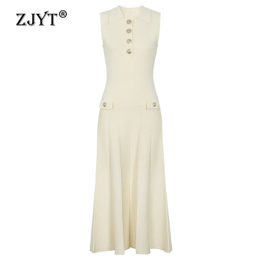 ZJYT Summer New 2026 Fashion Knit Dresses for Women Sleeveless Elegant Turn Down Collar Midi Pleated Casual Party Dress Beige