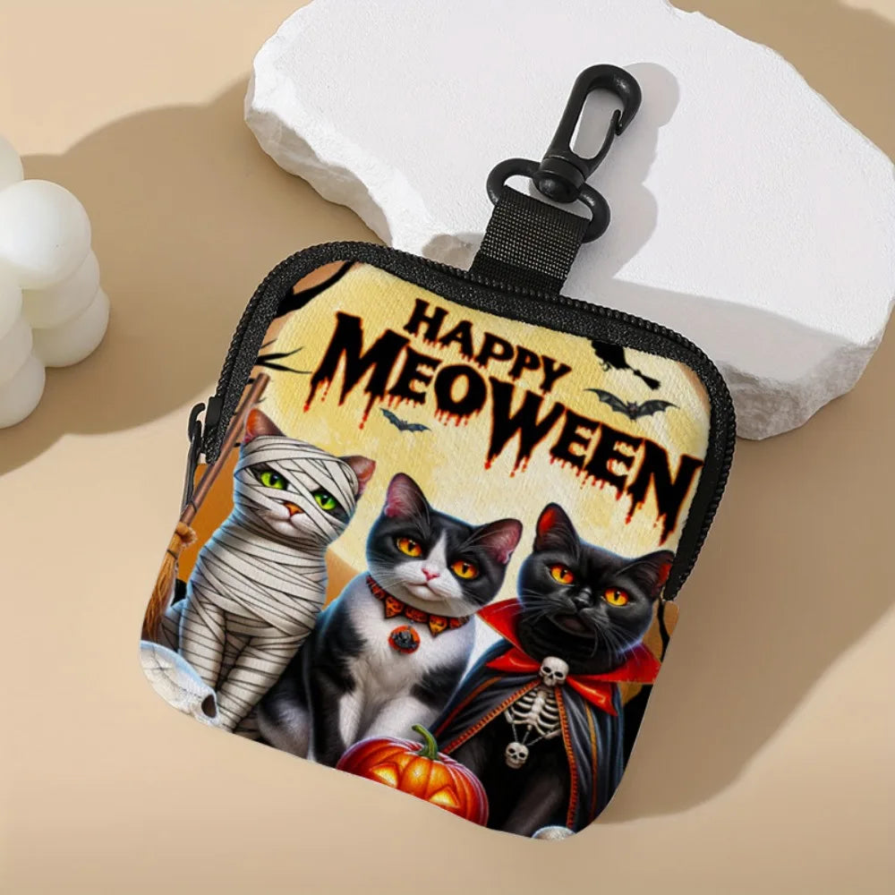 Durable Mini Coin Purse Artificial Leather Cat Print Wallet Waterproof Portable Earphone Bag Friends Gift