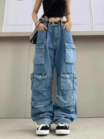 Y2K Cargo Jeans Women's Baggy Wide Leg Multi-Pocket Fashion Denim Pants Harajuku Streetwear Female Vintage Loose Casual Pants