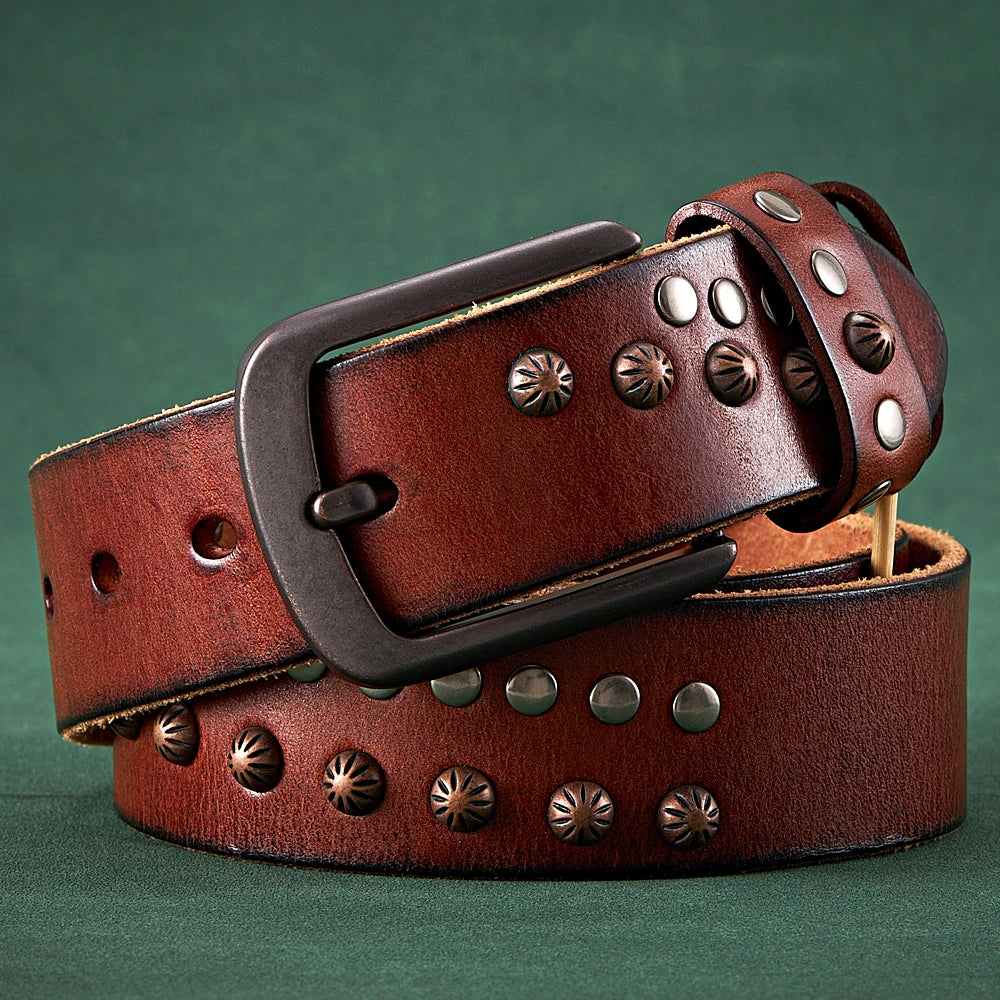 3.8CM Real Cowskin Genuine Leather Belt Retro Skull Punk Rivet Belt For Man Cowboy Male Designer Exclusive Strap For Jeans