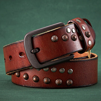 3.8CM Real Cowskin Genuine Leather Belt Retro Skull Punk Rivet Belt For Man Cowboy Male Designer Exclusive Strap For Jeans