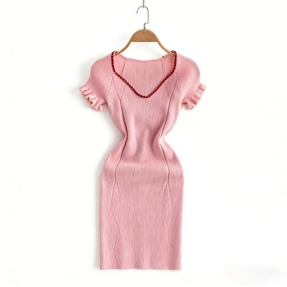 Women's Pink Short Sleeve Ruffle Trim V-Neck Sundress Trim Stretchy Ribbed Knit Bodycon Mini Dress Casual Party Clubwear Dress
