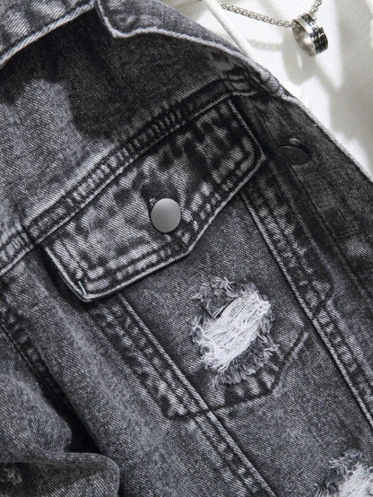 1Pc Y2Kmen's Four Seasons Destroyed Stone Washed Light Jacket Daily American Street Casual Denim Jacket (No Hood/No Accessories)