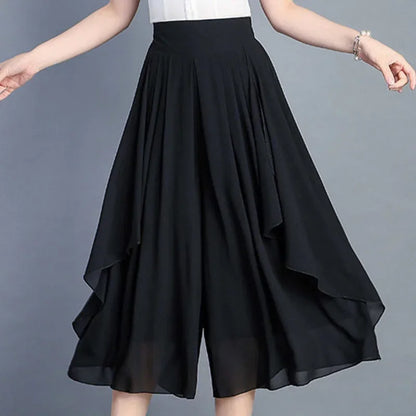 Elegant Solid Color Loose Elastic High Waist Folds Ruffles Capris Women's New Office Lady Commute Irregular Casual Pants