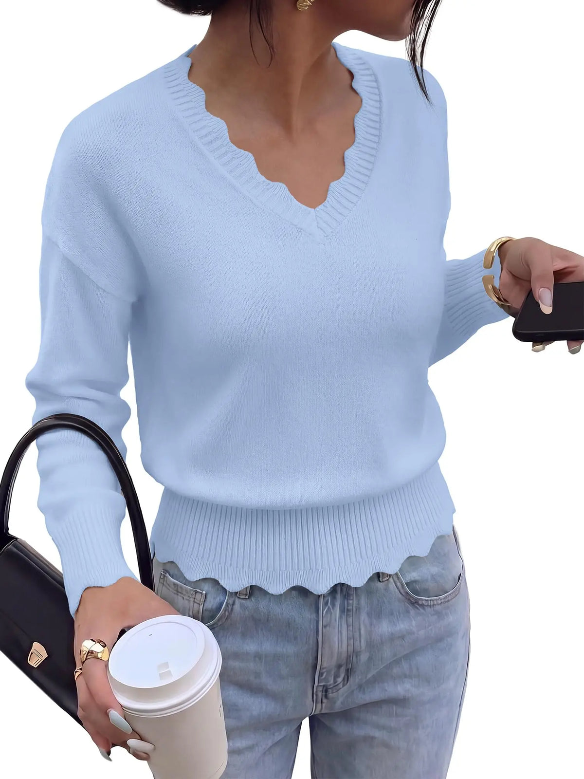 Lightweight Knit Sweaters Top For Women Daily Wear Scallop Edges V Neck Pullover Tops Autumn And Winter Long Sleeved