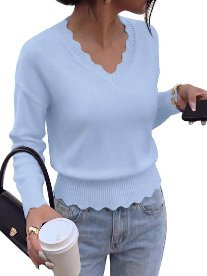 Lightweight Knit Sweaters Top For Women Daily Wear Scallop Edges V Neck Pullover Tops Autumn And Winter Long Sleeved