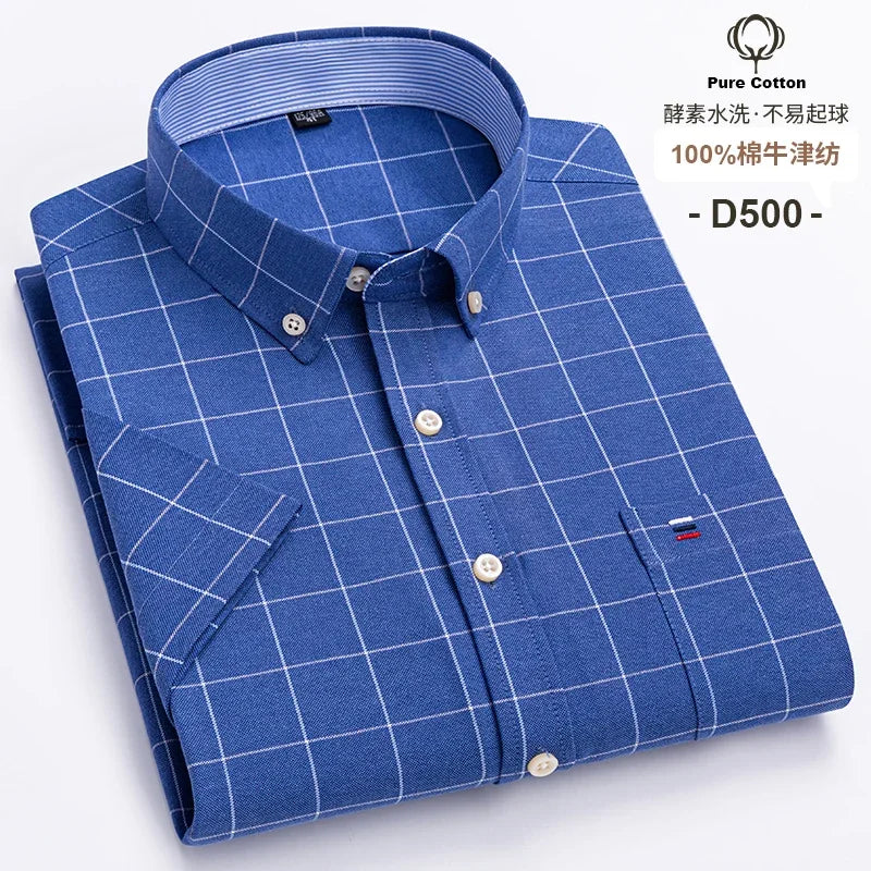 New Men's Social Shirt Short Sleeve 100% Pure Cotton Oxford Soft Buttoned Plaid Formal Male Clothes Pocket Social Shirt S-7XL