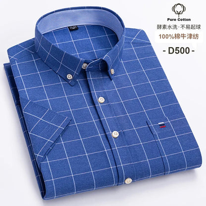 New Men's Social Shirt Short Sleeve 100% Pure Cotton Oxford Soft Buttoned Plaid Formal Male Clothes Pocket Social Shirt S-7XL