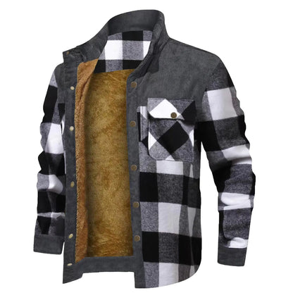 Men's Winter Wool Lined Flannel Plaid Shirt Jacket With Button Hooded Long Sleeved Jacket Men Sweaters Coats