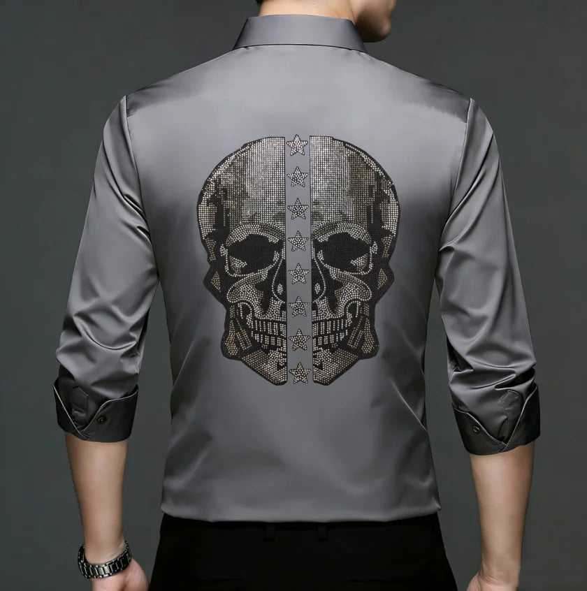 2026 Spring Autumn Luxury Men Streetwear Shirt Shiny Rhinestone Design Loose Natural Silk Casual Long Sleeve Shirt