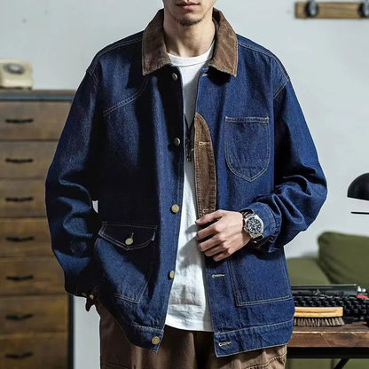 Spring And Autumn Denim Workwear Retro Hunting Jacket Denim Hardman Jacket Casual Loose Men'S Collar Denim Jacket