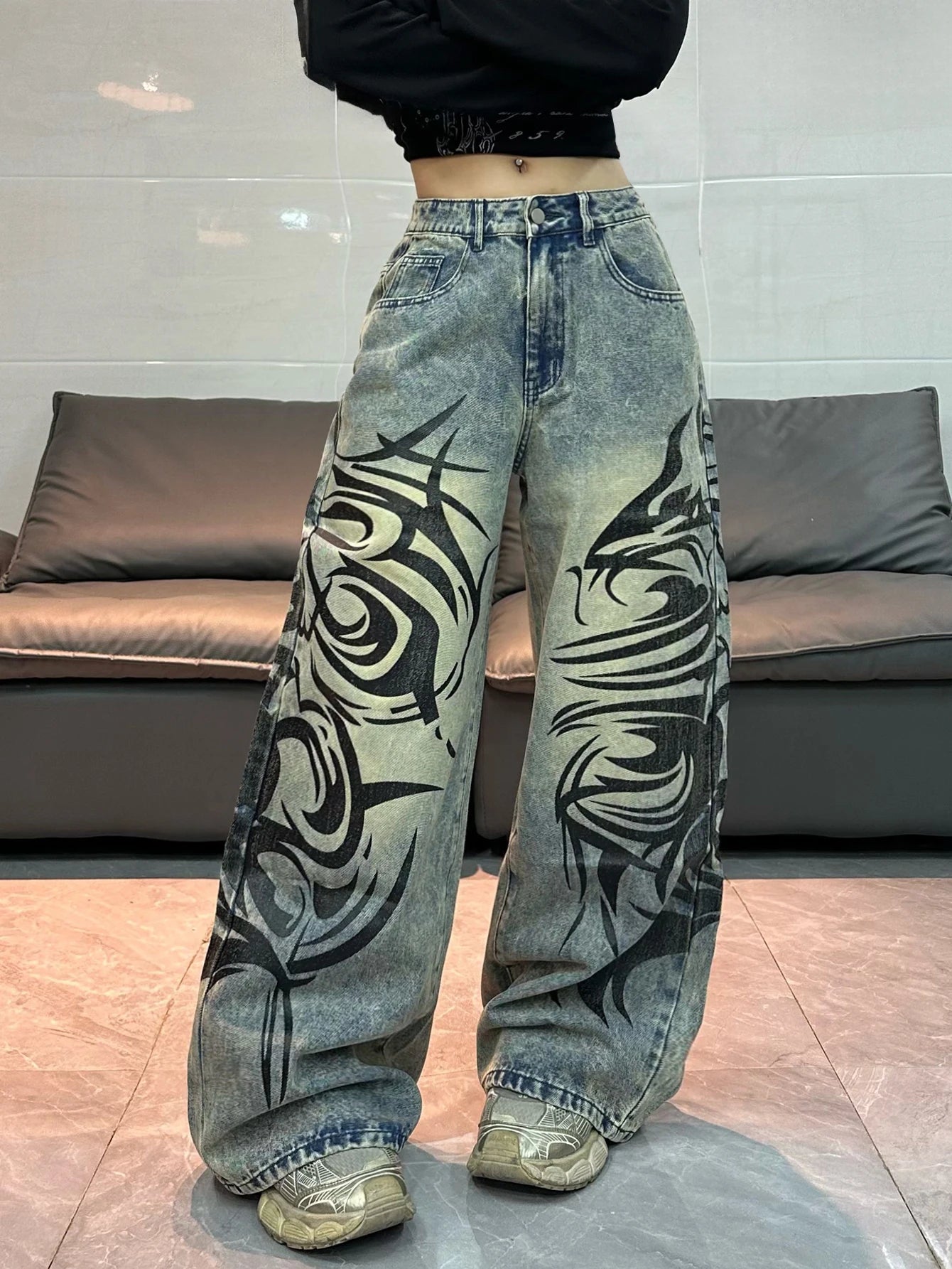 American-Style Vintage Washed Distressed Totem Print Loose Jeans, Street Fashion Trendy Versatile High-Waist Wide-Leg Pants For Women