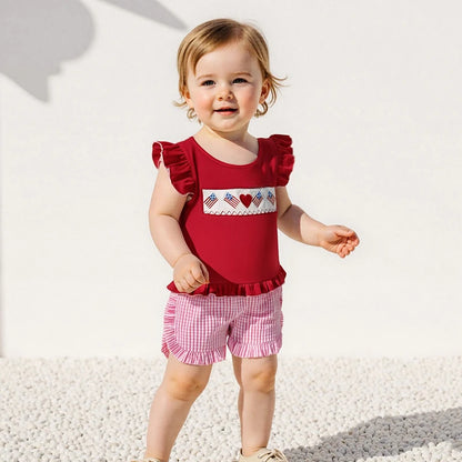 Infant Girl s Patriotic Outfit Red White Blue American Flag Heart Embroidered Flutter Sleeve Top Plaid Ruffle Shorts Set for