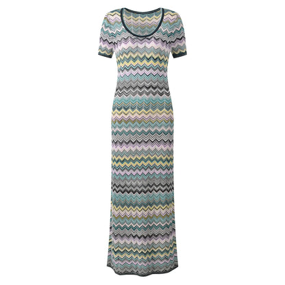 ZJYT Summer New 2026 Fashion Women's Midi Knitted Sweater Dresses Elegant Short Sleeve Striped Casual Holiday Beach Dress Ladies