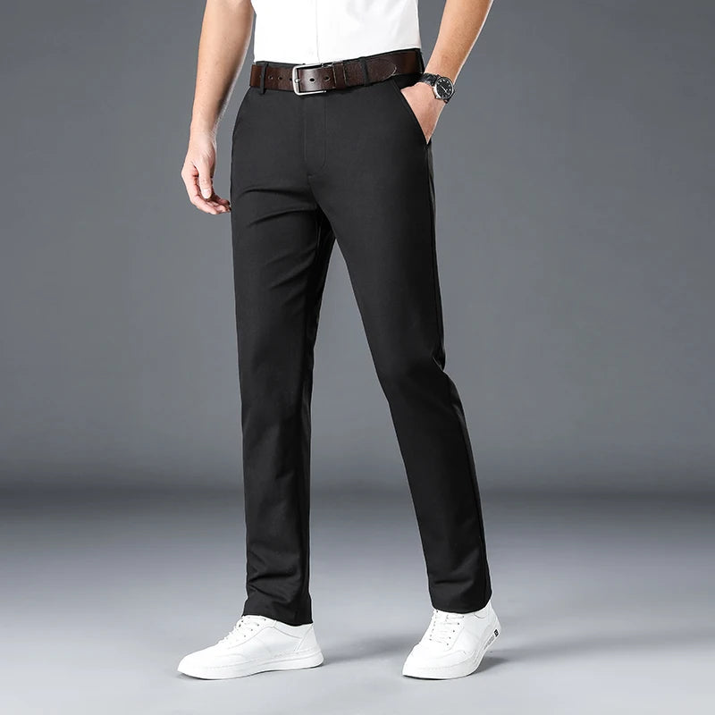 2025 New Men's Business Casual Straight Pants Micro Elastic Burgundy Khaki Black Classic Fashion Brand Four Seasons Trousers