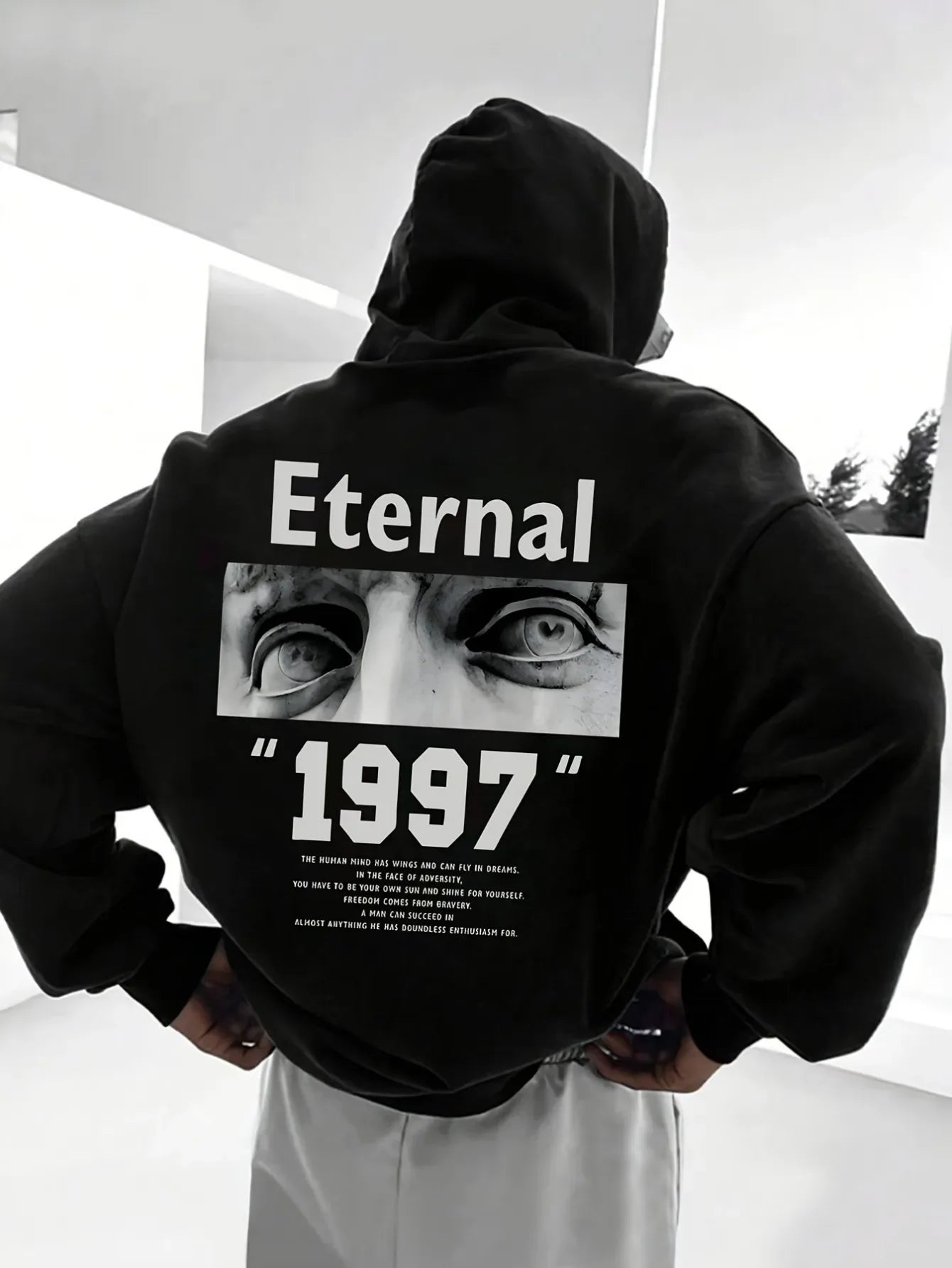 Men Fleece Hoodie Vintage Black White Sculpture Eyes Photo Eternal 1997 Letter Back Print Black Minimal Street Pullover
