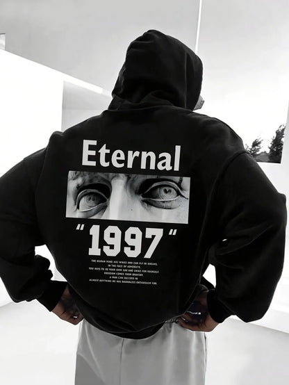Men Fleece Hoodie Vintage Black White Sculpture Eyes Photo Eternal 1997 Letter Back Print Black Minimal Street Pullover
