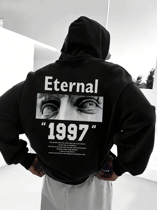 Men Fleece Hoodie Vintage Black White Sculpture Eyes Photo Eternal 1997 Letter Back Print Black Minimal Street Pullover