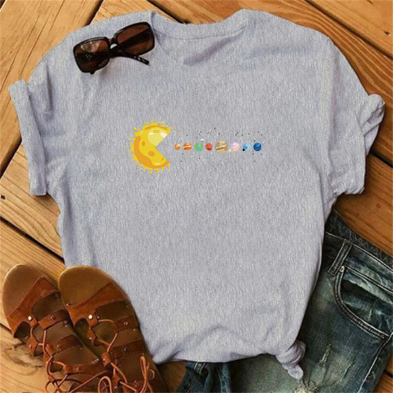 Planetary-themed solar system print T-shirt for women, luxury brand T-shirt, summer fashionable short-sleeved T-shirt