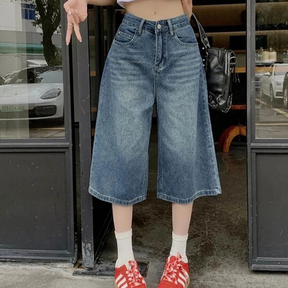 Summer American Style Vintage Women Baggy Jeans Y2k Loose Washed High Waist Knee Length Denim Pants Streetwear Wide Leg Shorts