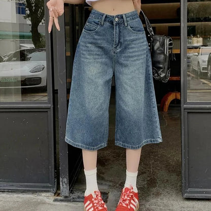 Summer American Style Vintage Women Baggy Jeans Y2k Loose Washed High Waist Knee Length Denim Pants Streetwear Wide Leg Shorts
