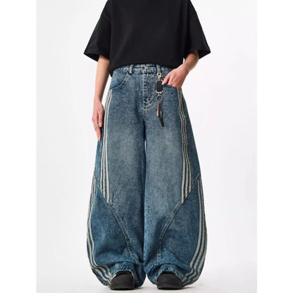 Women Wide Leg Jeans Vintage Y2K Reconstruction Custom Distressed Wash Stripe Denim Pants Trendy Comfort Fit
