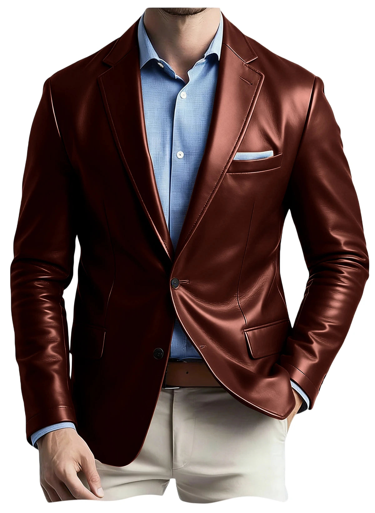 Men's Faux Leather Blazer Notch Lapel Flap Pockets Slim Fit Suit Jacket Coats For Casual Business Wedding Party