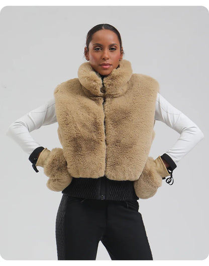 GSOU SNOW Women Fuzzy Faux Fur Vest Coat Ski Jacket Sleeveless Zip Shaggy Waistcoat Winter Daily Warm Outdoor Sport