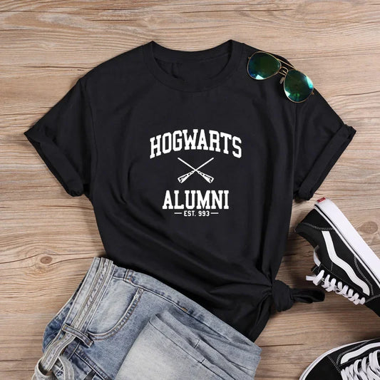 Harajuku Ladies Top Tee Shirt Femme Black White Hogwarts Fashion T-shirt Summer Harajuku Sleeve Casual Aesthetic Clothes