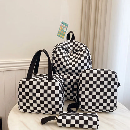 Checkerboard 4Pcs Backpack Set Crossbody &handbag &Pen Case Stitching Multi Pocket Adjustable Straps